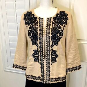 Chico's Cream Linen Jacket with Black Embroidery.  Chico’s size 1